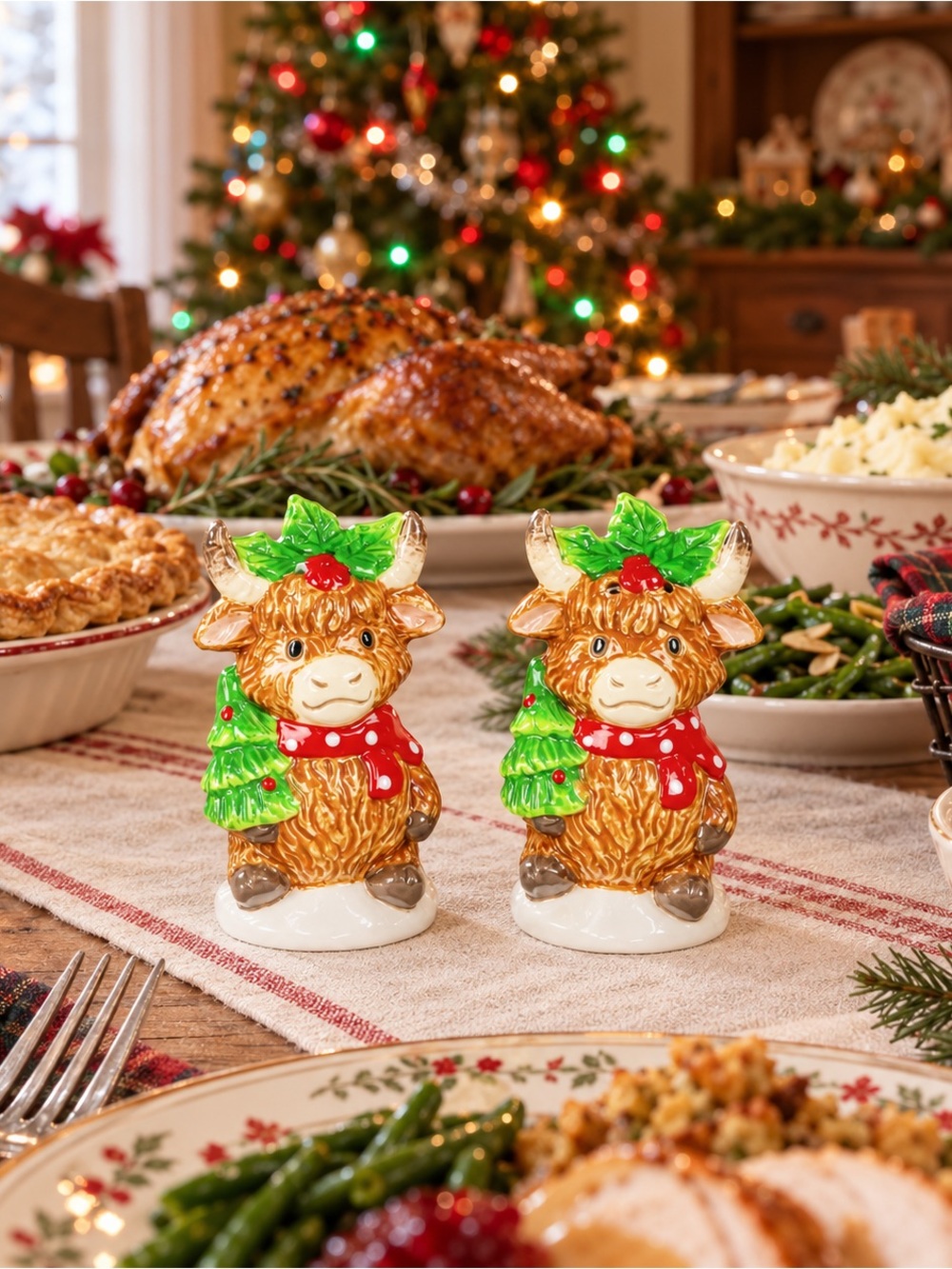 Hanna’s Handiworks Christmas Highland Cow Salt & Pepper Shakers Moo Duo Set NIB